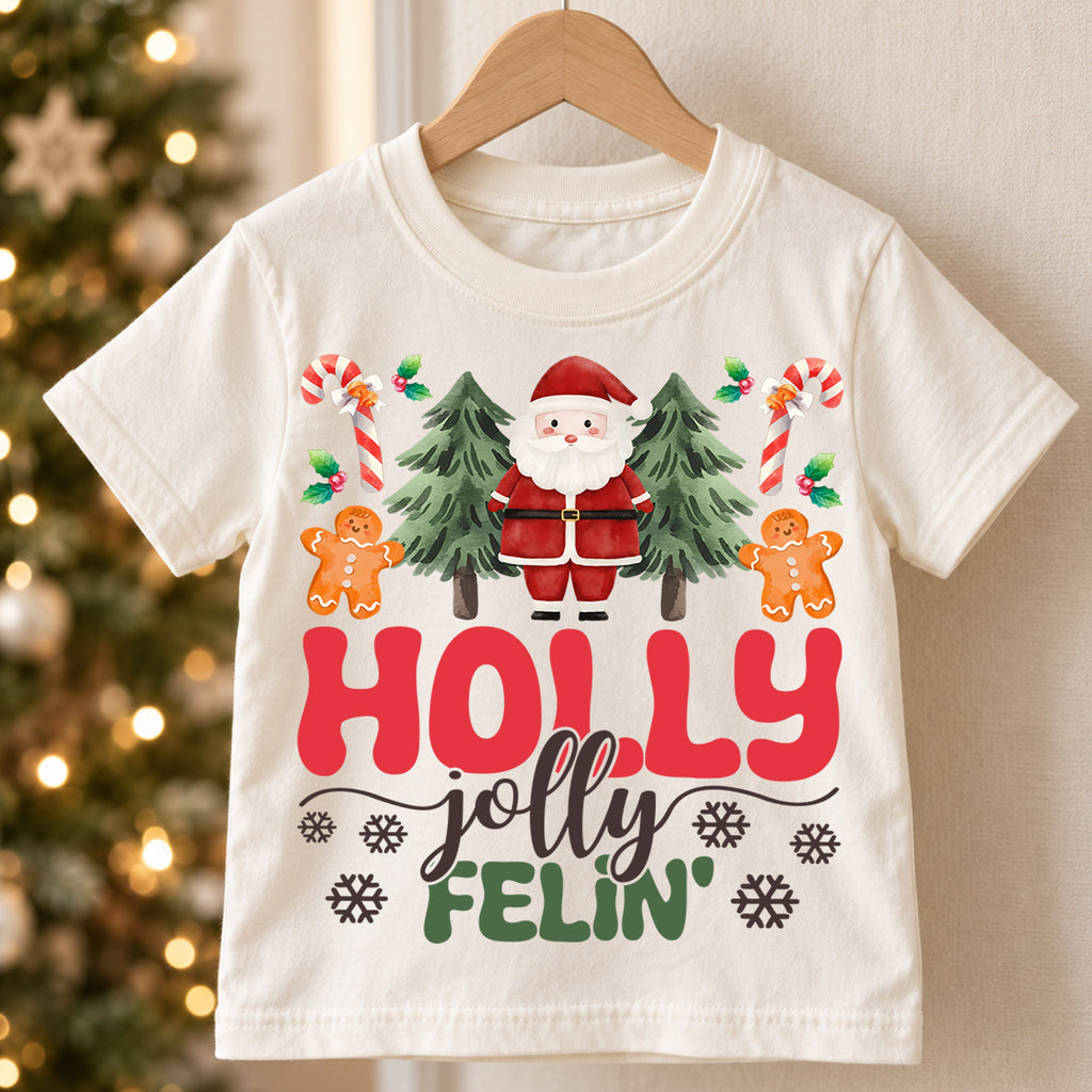 Holly Jolly Feelin Kids Christmas Shirt, Santa Gingerbread Holiday Tee, Cute Christmas Tree Outfit, Toddler Xmas Gift for Little Kids — product view 5