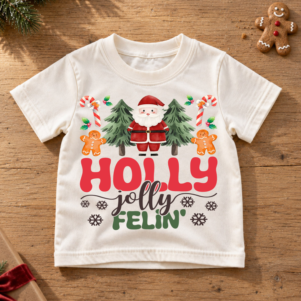 Holly Jolly Feelin Kids Christmas Shirt, Santa Gingerbread Holiday Tee, Cute Christmas Tree Outfit, Toddler Xmas Gift for Little Kids — product view 6