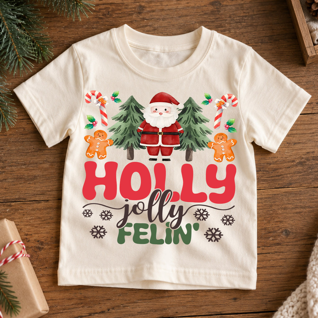 Holly Jolly Feelin Kids Christmas Shirt, Santa Gingerbread Holiday Tee, Cute Christmas Tree Outfit, Toddler Xmas Gift for Little Kids — product view 7