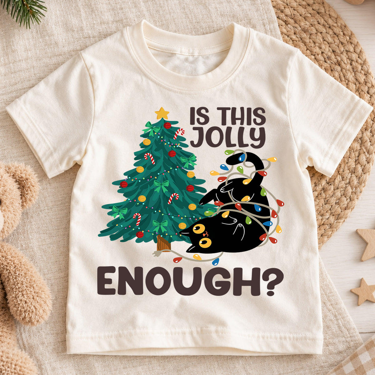 Is This Jolly Enough Kids Christmas Shirt, Funny Black Cat Holiday Tee, Cat Lover Christmas Outfit, Toddler Xmas Gift for Little Kids — product view 1