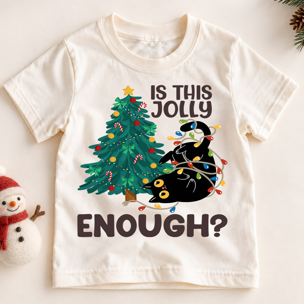 Is This Jolly Enough Kids Christmas Shirt, Funny Black Cat Holiday Tee, Cat Lover Christmas Outfit, Toddler Xmas Gift for Little Kids — product view 2
