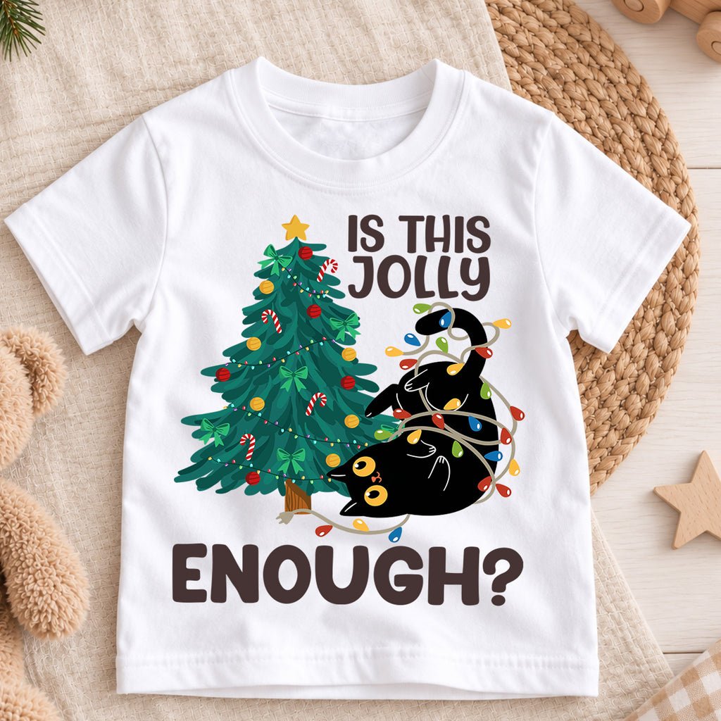 Is This Jolly Enough Kids Christmas Shirt, Funny Black Cat Holiday Tee, Cat Lover Christmas Outfit, Toddler Xmas Gift for Little Kids — product view 3