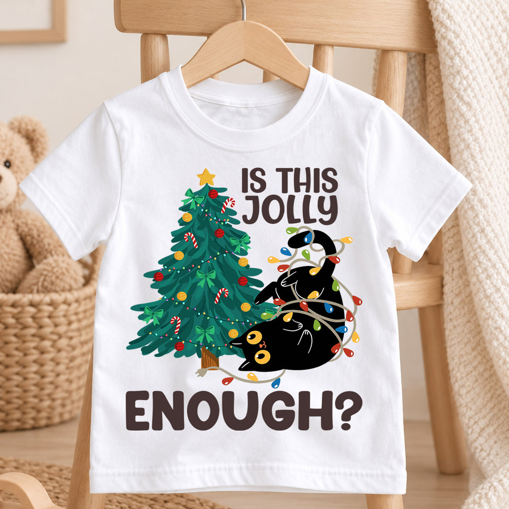 Is This Jolly Enough Kids Christmas Shirt, Funny Black Cat Holiday Tee, Cat Lover Christmas Outfit, Toddler Xmas Gift for Little Kids — product view 4