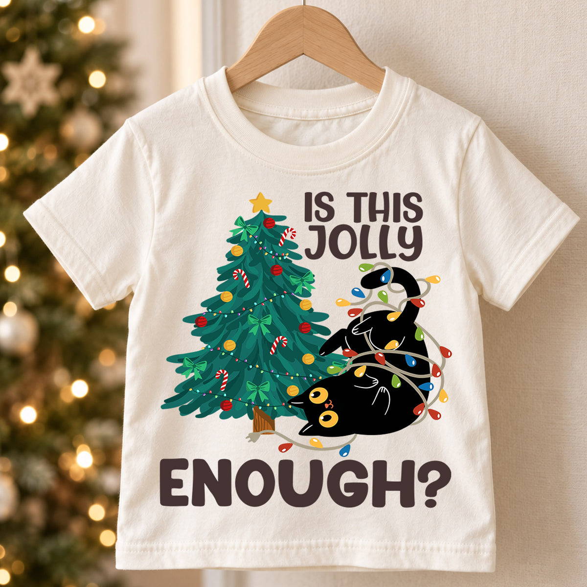 Is This Jolly Enough Kids Christmas Shirt, Funny Black Cat Holiday Tee, Cat Lover Christmas Outfit, Toddler Xmas Gift for Little Kids — product view 5