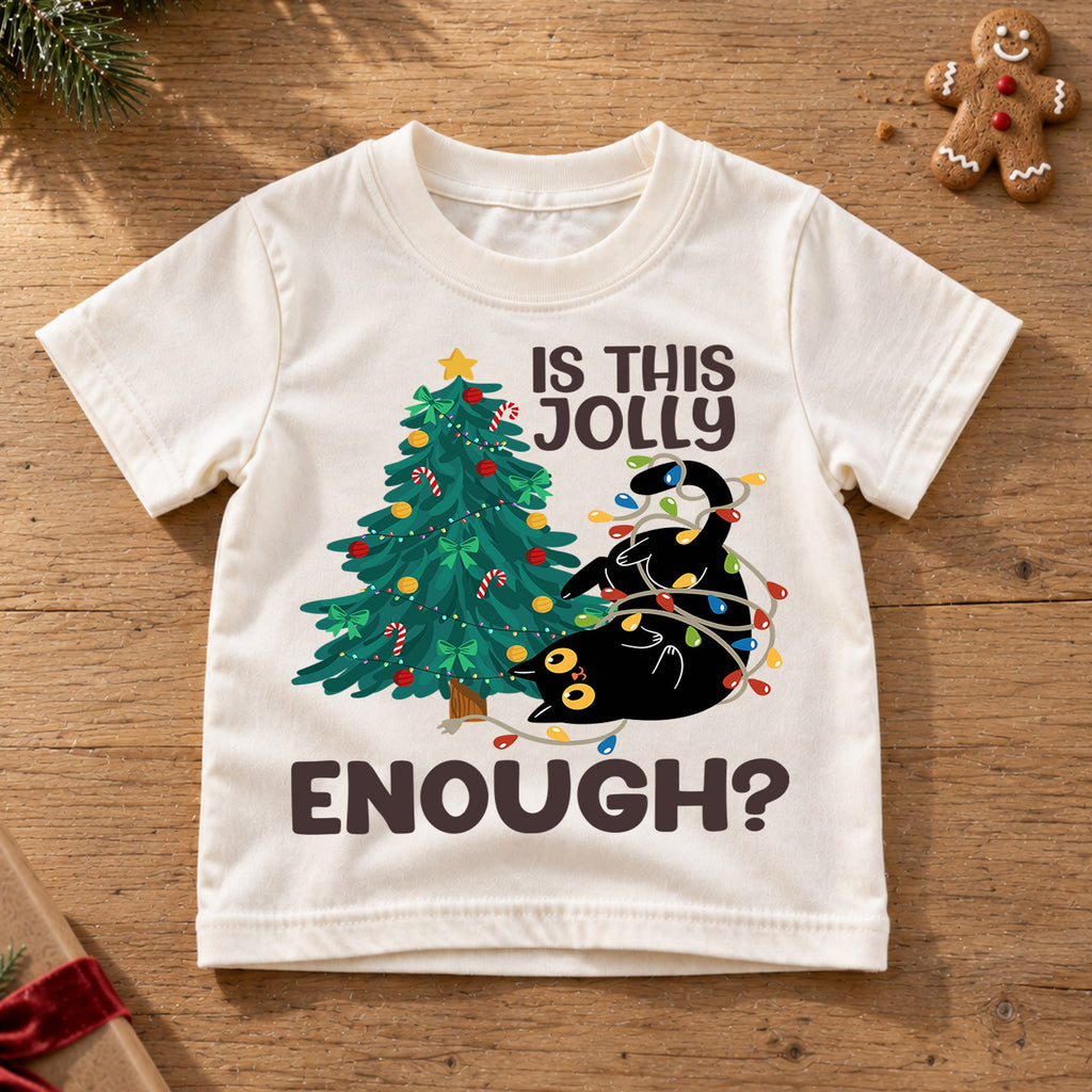 Is This Jolly Enough Kids Christmas Shirt, Funny Black Cat Holiday Tee, Cat Lover Christmas Outfit, Toddler Xmas Gift for Little Kids — product view 6