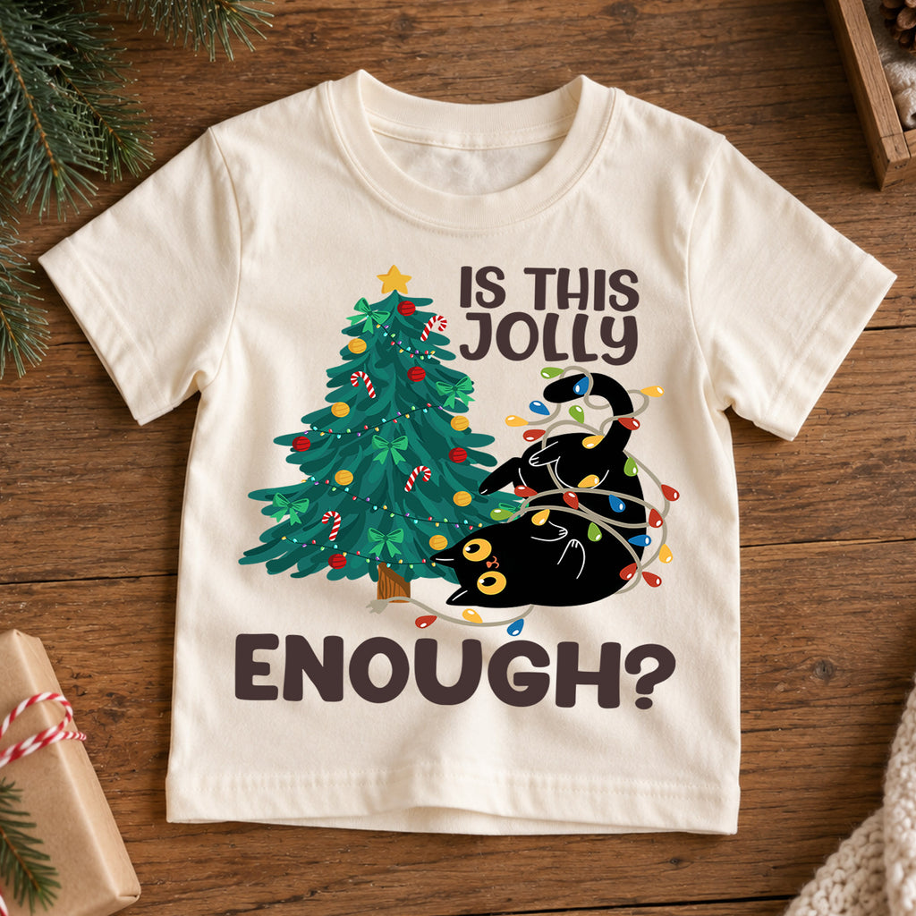 Is This Jolly Enough Kids Christmas Shirt, Funny Black Cat Holiday Tee, Cat Lover Christmas Outfit, Toddler Xmas Gift for Little Kids — product view 7