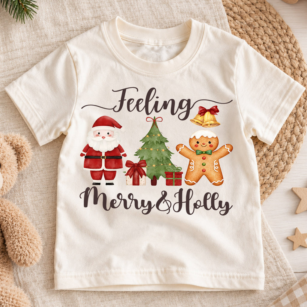 Feeling Merry and Holly Kids Christmas Shirt, Santa Gingerbread Holiday Tee, Cute Christmas Tree Outfit, Toddler Xmas Gift for Kids — product view 1