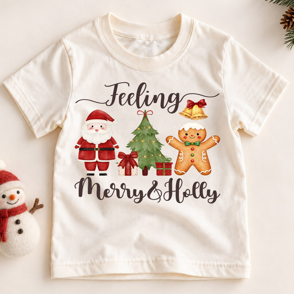 Feeling Merry and Holly Kids Christmas Shirt, Santa Gingerbread Holiday Tee, Cute Christmas Tree Outfit, Toddler Xmas Gift for Kids — product view 2