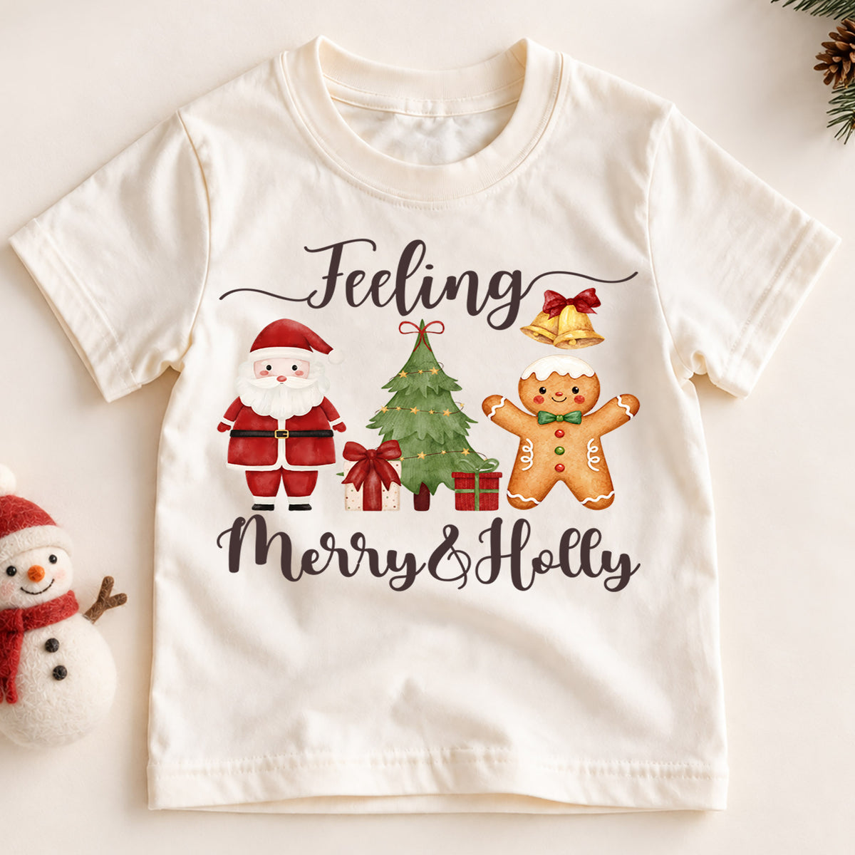 Feeling Merry and Holly Kids Christmas Shirt, Santa Gingerbread Holiday Tee, Cute Christmas Tree Outfit, Toddler Xmas Gift for Kids — product view 2