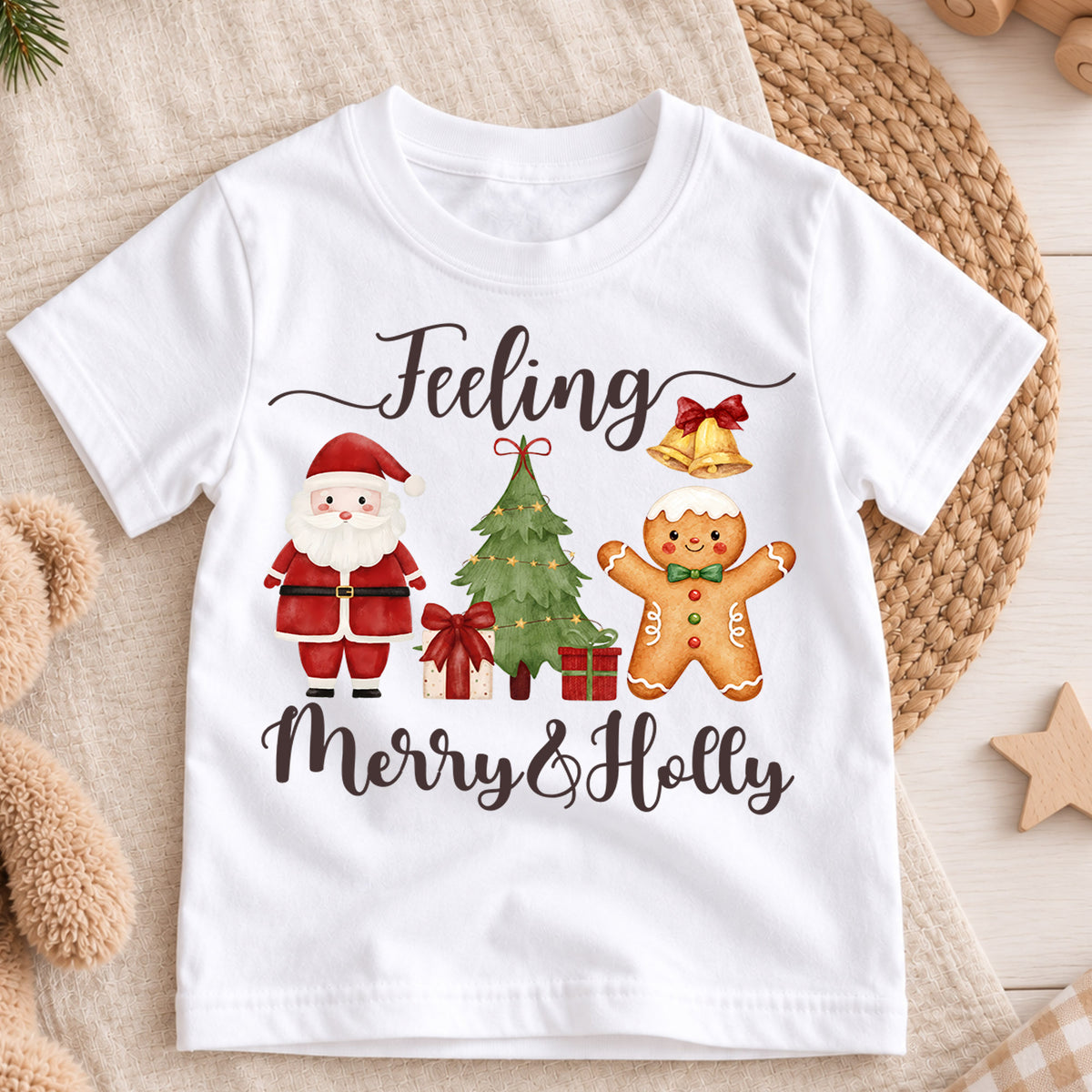 Feeling Merry and Holly Kids Christmas Shirt, Santa Gingerbread Holiday Tee, Cute Christmas Tree Outfit, Toddler Xmas Gift for Kids — product view 3