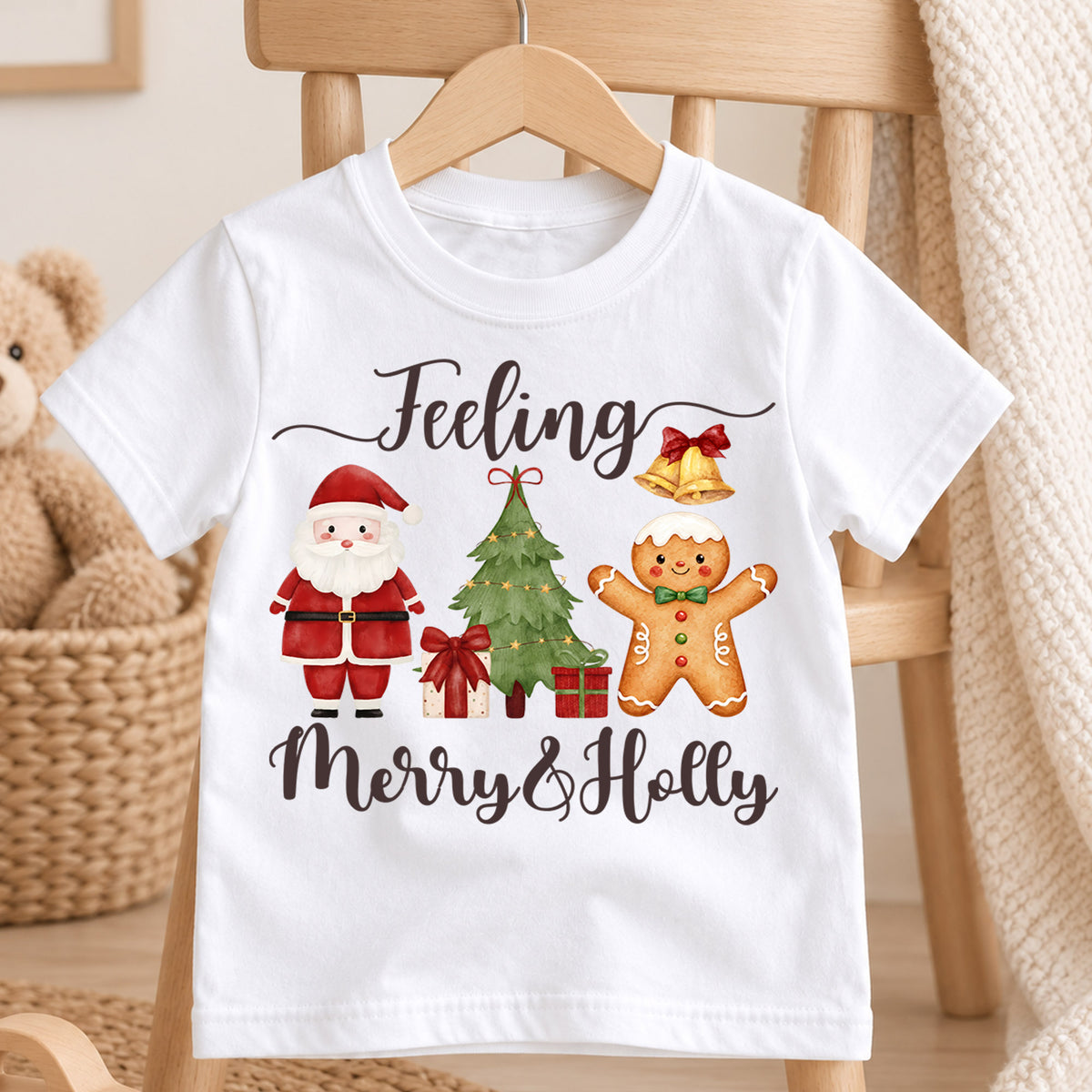 Feeling Merry and Holly Kids Christmas Shirt, Santa Gingerbread Holiday Tee, Cute Christmas Tree Outfit, Toddler Xmas Gift for Kids — product view 4