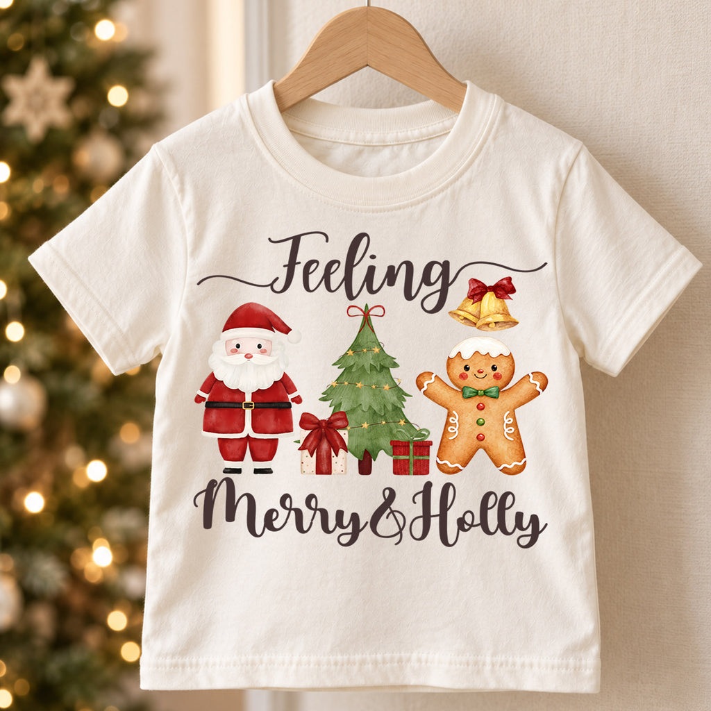Feeling Merry and Holly Kids Christmas Shirt, Santa Gingerbread Holiday Tee, Cute Christmas Tree Outfit, Toddler Xmas Gift for Kids — product view 5