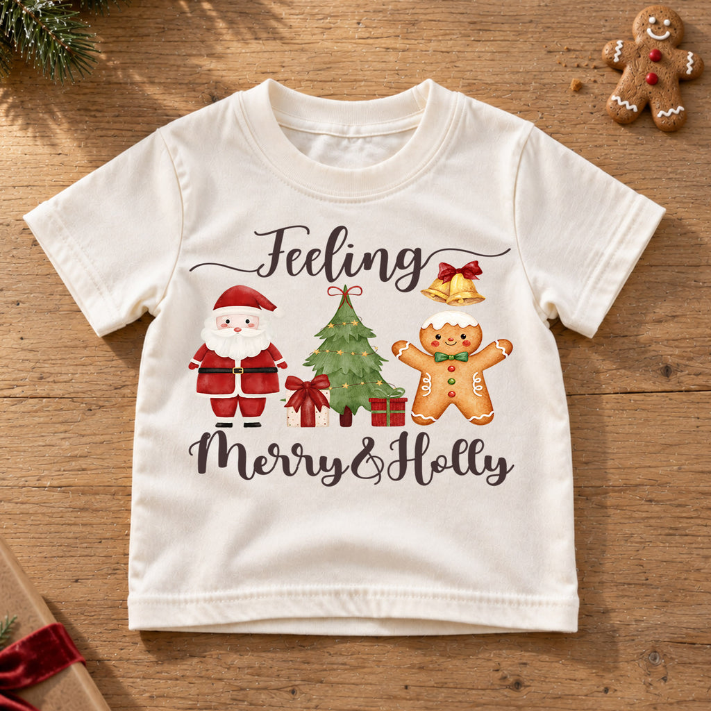 Feeling Merry and Holly Kids Christmas Shirt, Santa Gingerbread Holiday Tee, Cute Christmas Tree Outfit, Toddler Xmas Gift for Kids — product view 6