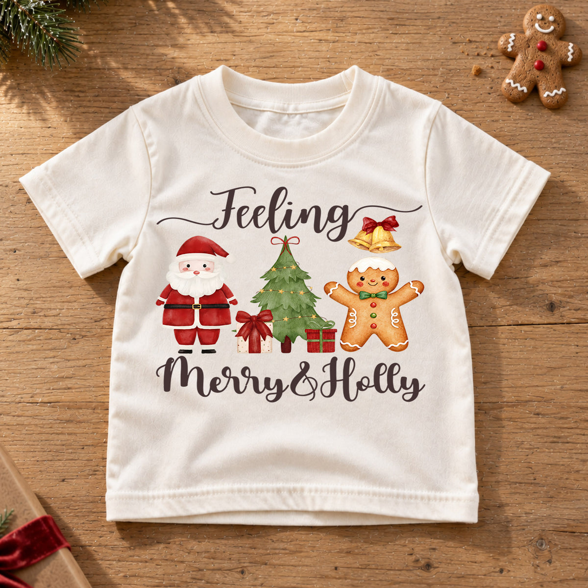 Feeling Merry and Holly Kids Christmas Shirt, Santa Gingerbread Holiday Tee, Cute Christmas Tree Outfit, Toddler Xmas Gift for Kids — product view 6