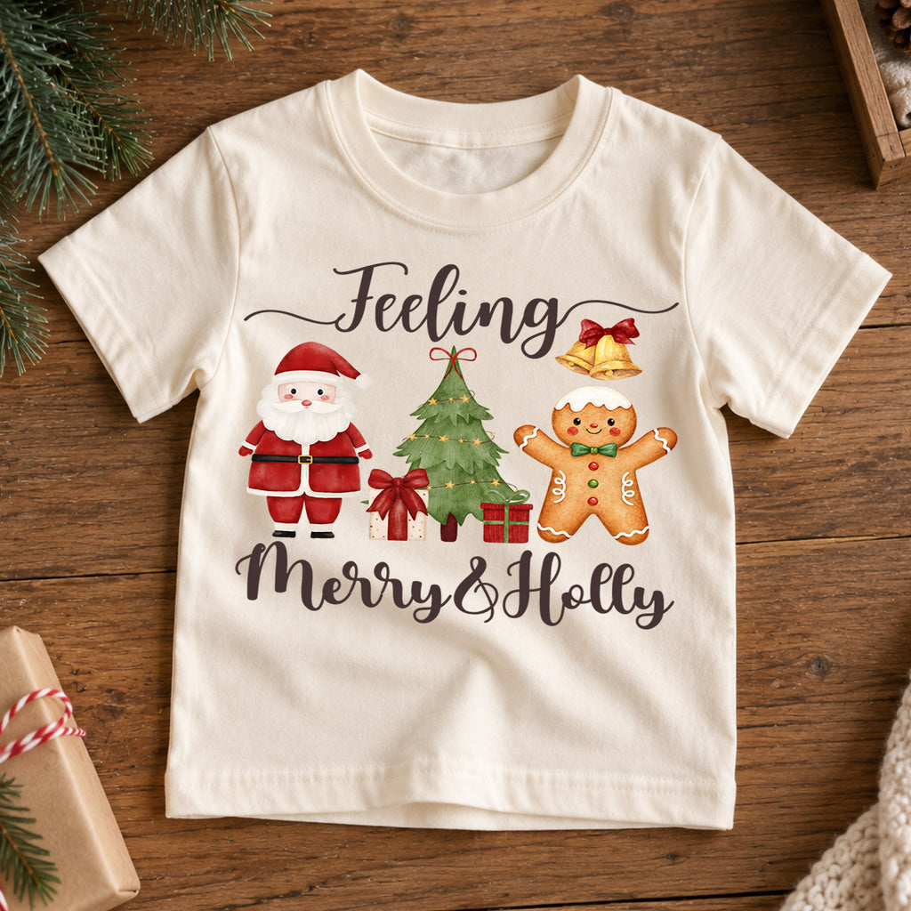 Feeling Merry and Holly Kids Christmas Shirt, Santa Gingerbread Holiday Tee, Cute Christmas Tree Outfit, Toddler Xmas Gift for Kids — product view 7