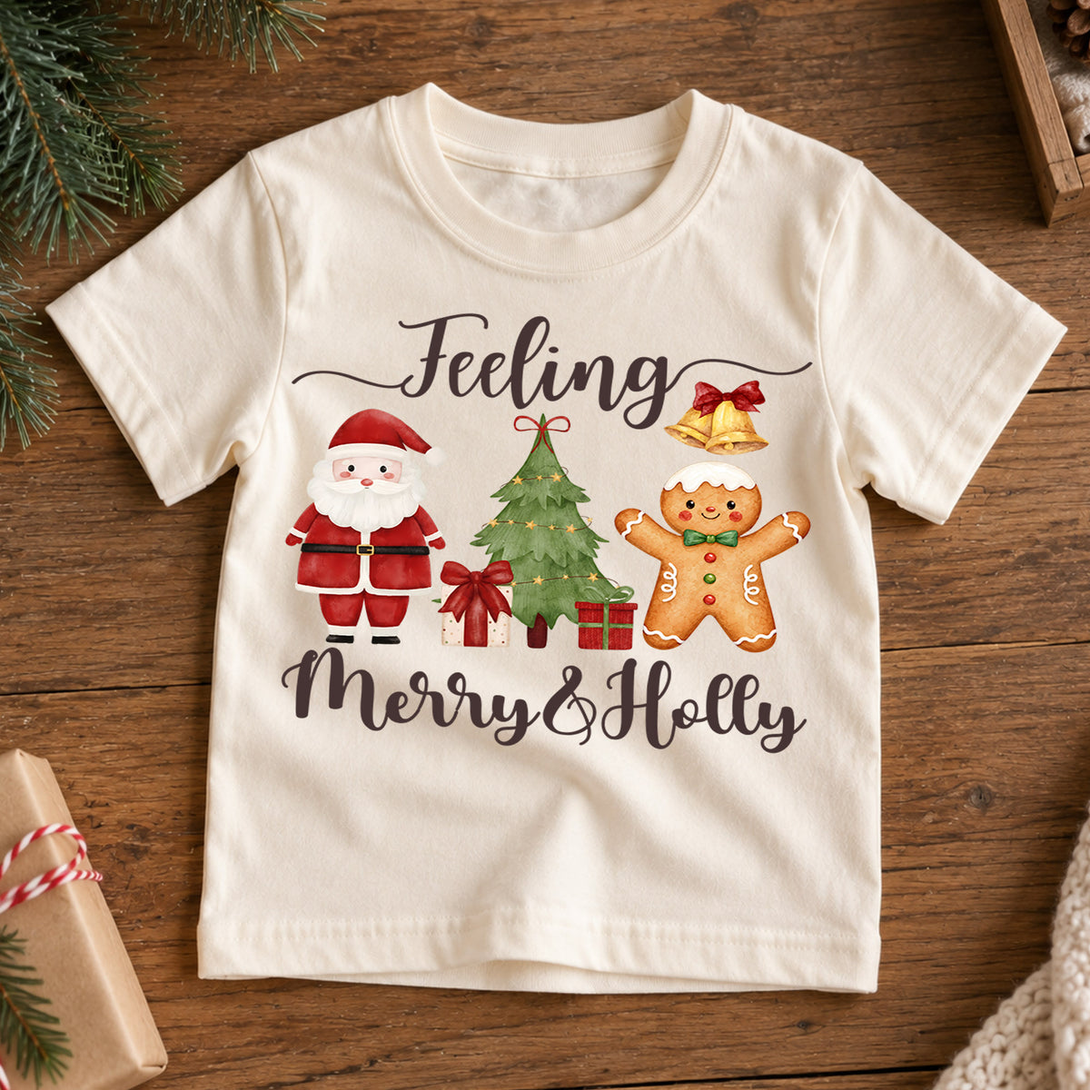 Feeling Merry and Holly Kids Christmas Shirt, Santa Gingerbread Holiday Tee, Cute Christmas Tree Outfit, Toddler Xmas Gift for Kids — product view 7
