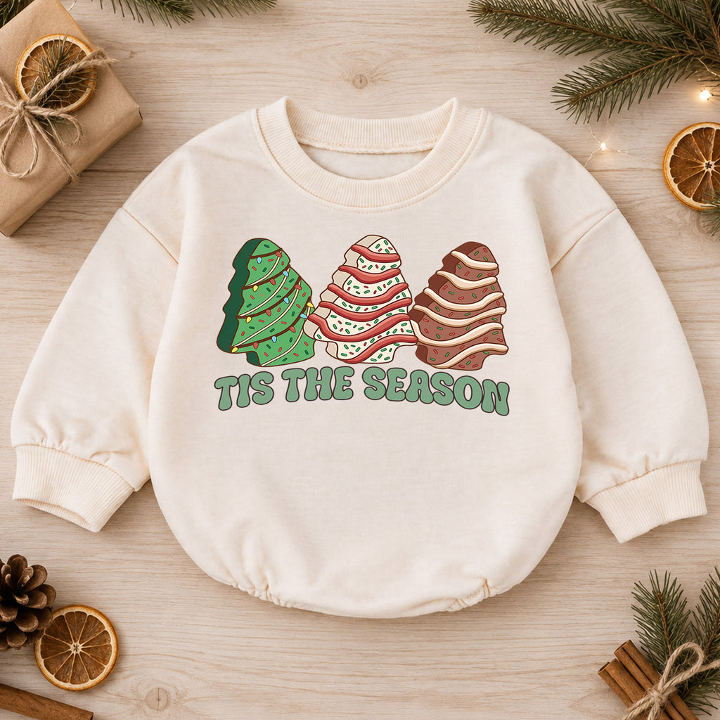 Tis the Season Christmas Baby Romper, Festive Christmas Tree Trio Outfit, Retro Holiday Toddler Romper, Cute Xmas Gift for Baby — product view 1