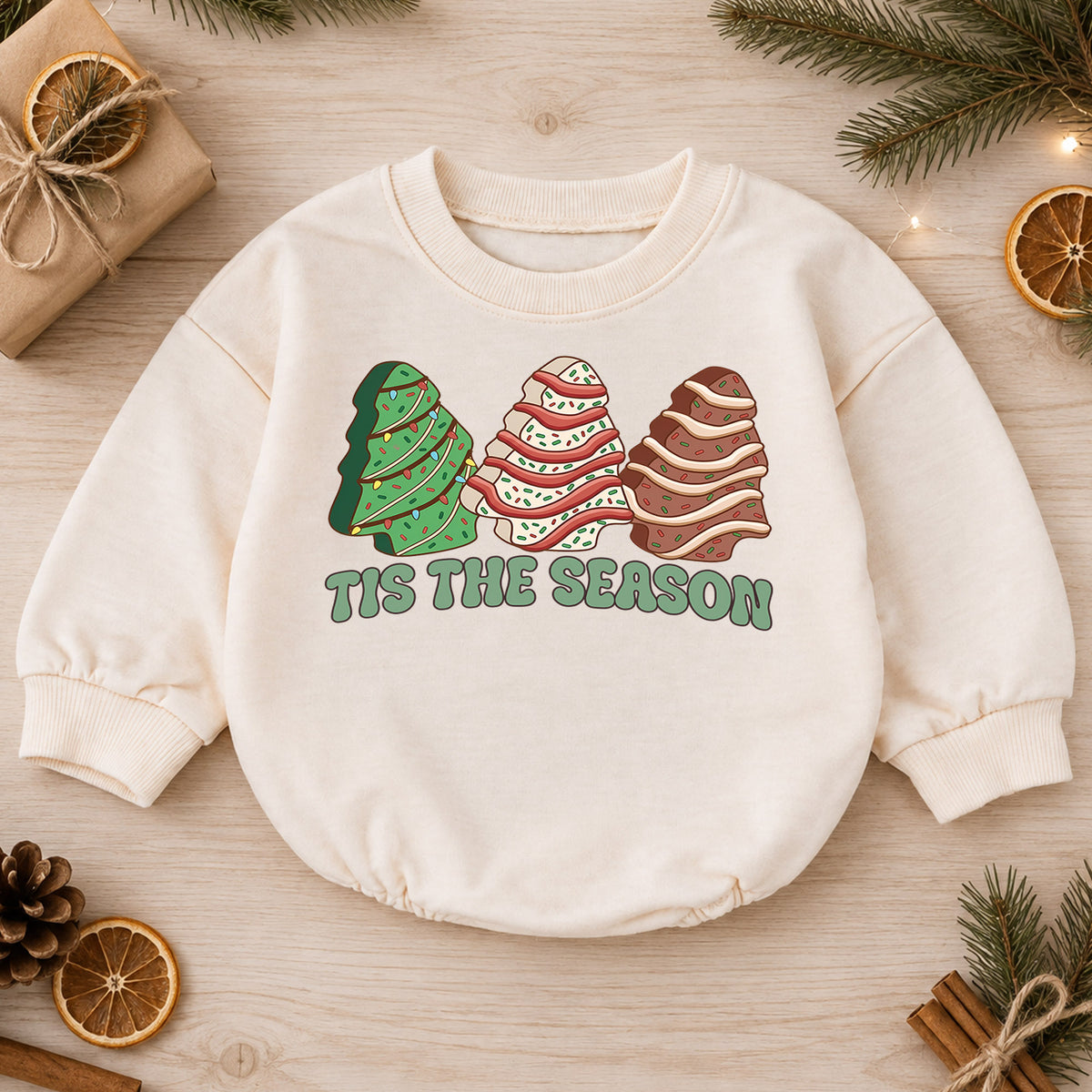 Tis the Season Christmas Baby Romper, Festive Christmas Tree Trio Outfit, Retro Holiday Toddler Romper, Cute Xmas Gift for Baby — product view 1