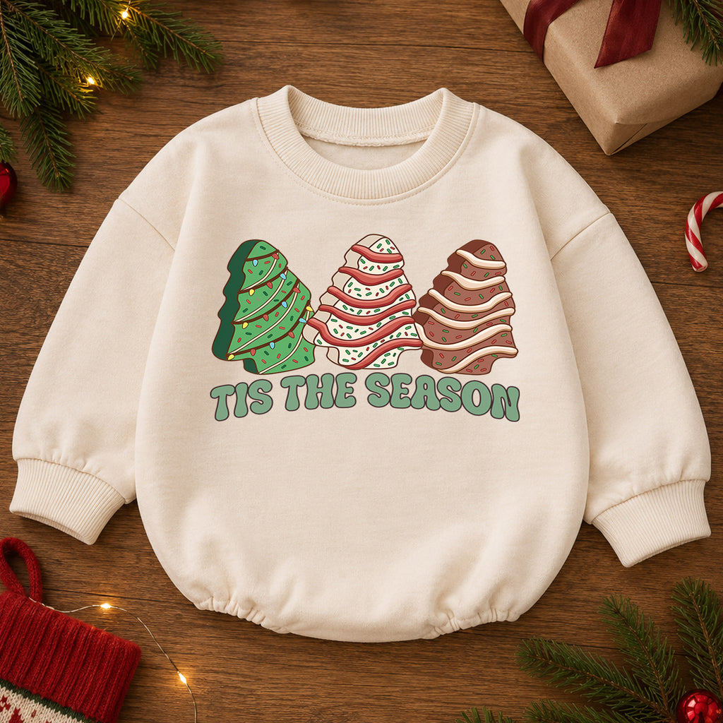 Tis the Season Christmas Baby Romper, Festive Christmas Tree Trio Outfit, Retro Holiday Toddler Romper, Cute Xmas Gift for Baby — product view 2