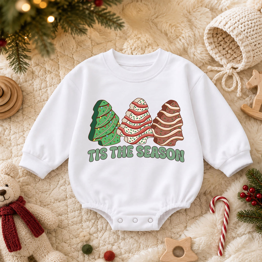 Tis the Season Christmas Baby Romper, Festive Christmas Tree Trio Outfit, Retro Holiday Toddler Romper, Cute Xmas Gift for Baby — product view 3