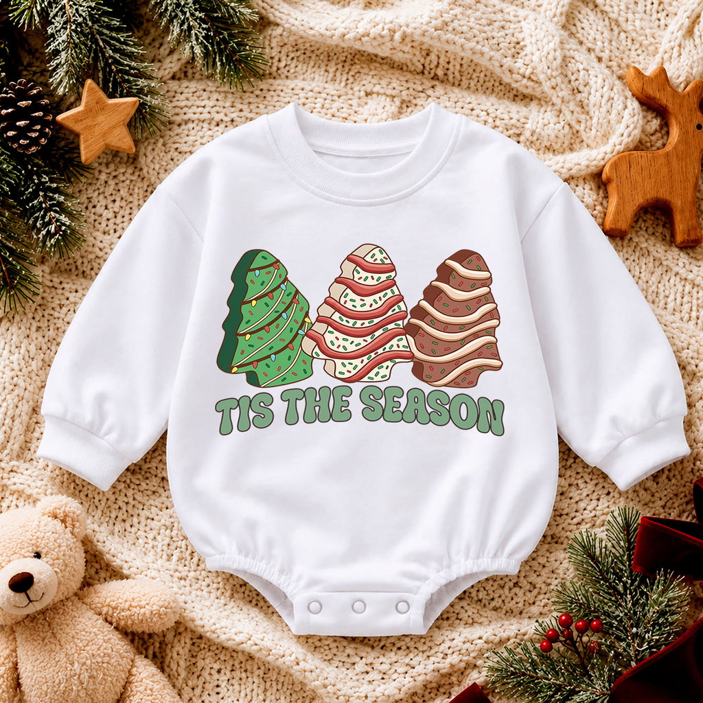 Tis the Season Christmas Baby Romper, Festive Christmas Tree Trio Outfit, Retro Holiday Toddler Romper, Cute Xmas Gift for Baby — product view 4