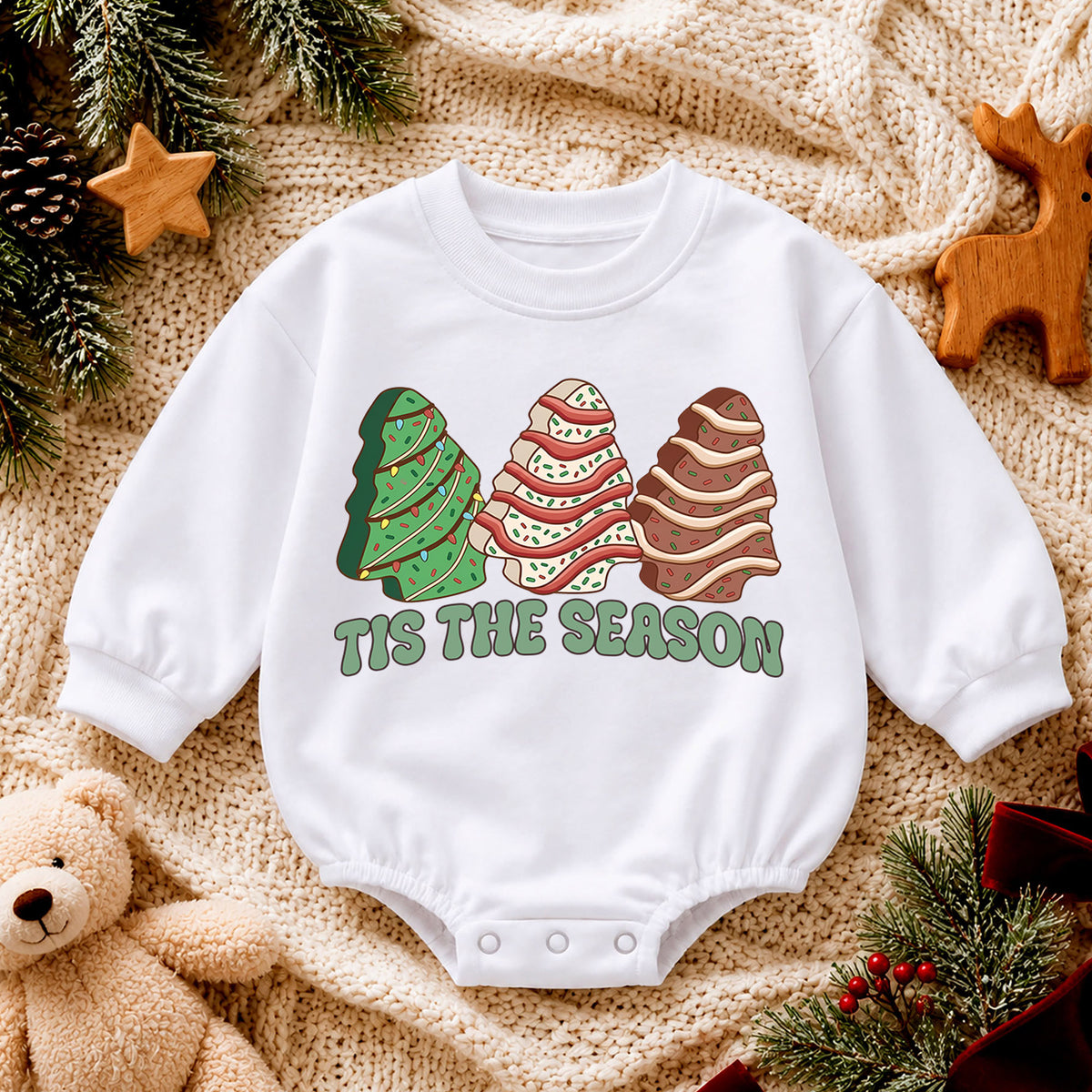 Tis the Season Christmas Baby Romper, Festive Christmas Tree Trio Outfit, Retro Holiday Toddler Romper, Cute Xmas Gift for Baby — product view 4
