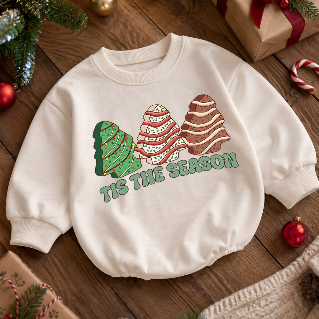 Tis the Season Christmas Baby Romper, Festive Christmas Tree Trio Outfit, Retro Holiday Toddler Romper, Cute Xmas Gift for Baby — product view 5