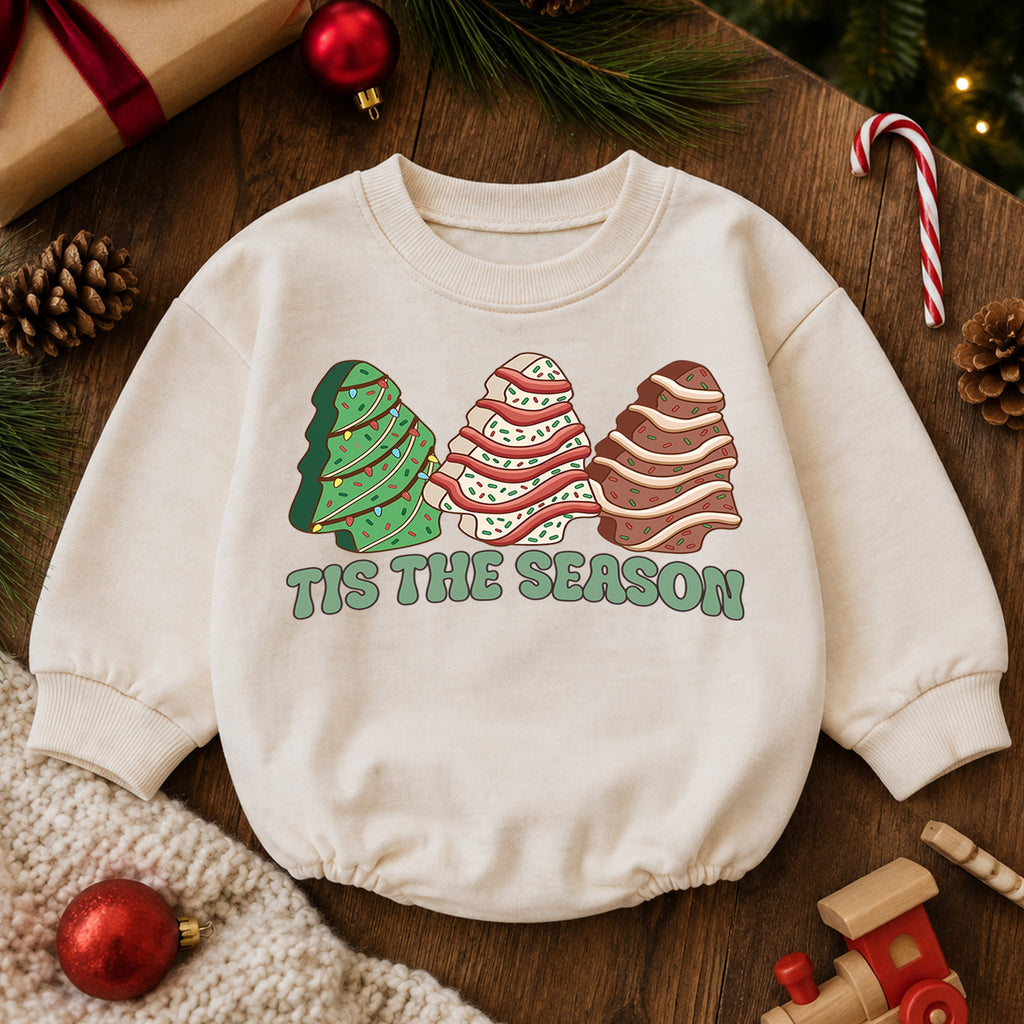 Tis the Season Christmas Baby Romper, Festive Christmas Tree Trio Outfit, Retro Holiday Toddler Romper, Cute Xmas Gift for Baby — product view 6