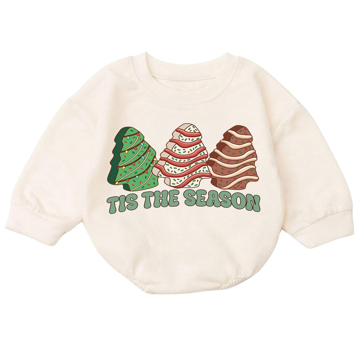 Tis the Season Christmas Baby Romper, Festive Christmas Tree Trio Outfit, Retro Holiday Toddler Romper, Cute Xmas Gift for Baby — product view 7