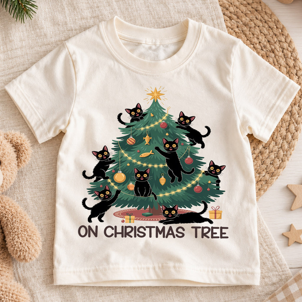 Black Cat Christmas Shirt, Christmas Tree Cat T-Shirt, Cute Holiday Tee, Funny Kitty Outfit, Cat Lover Gift, Kids Family Holiday Shirt — product view 1