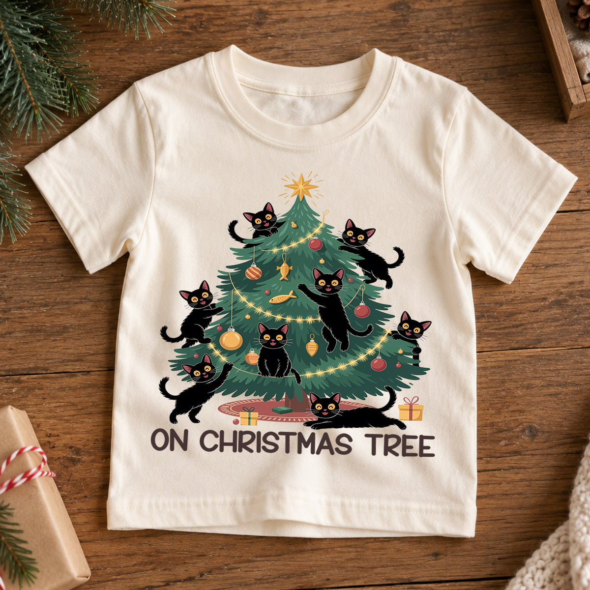 Black Cat Christmas Shirt, Christmas Tree Cat T-Shirt, Cute Holiday Tee, Funny Kitty Outfit, Cat Lover Gift, Kids Family Holiday Shirt — product view 7