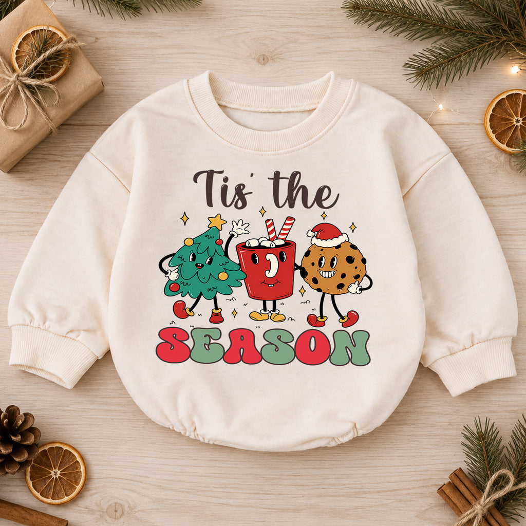 Tis the Season Baby Christmas Romper, Christmas Tree Cocoa Gingerbread Outfit, Cute Holiday Toddler Romper, Festive Xmas Gift — product view 1