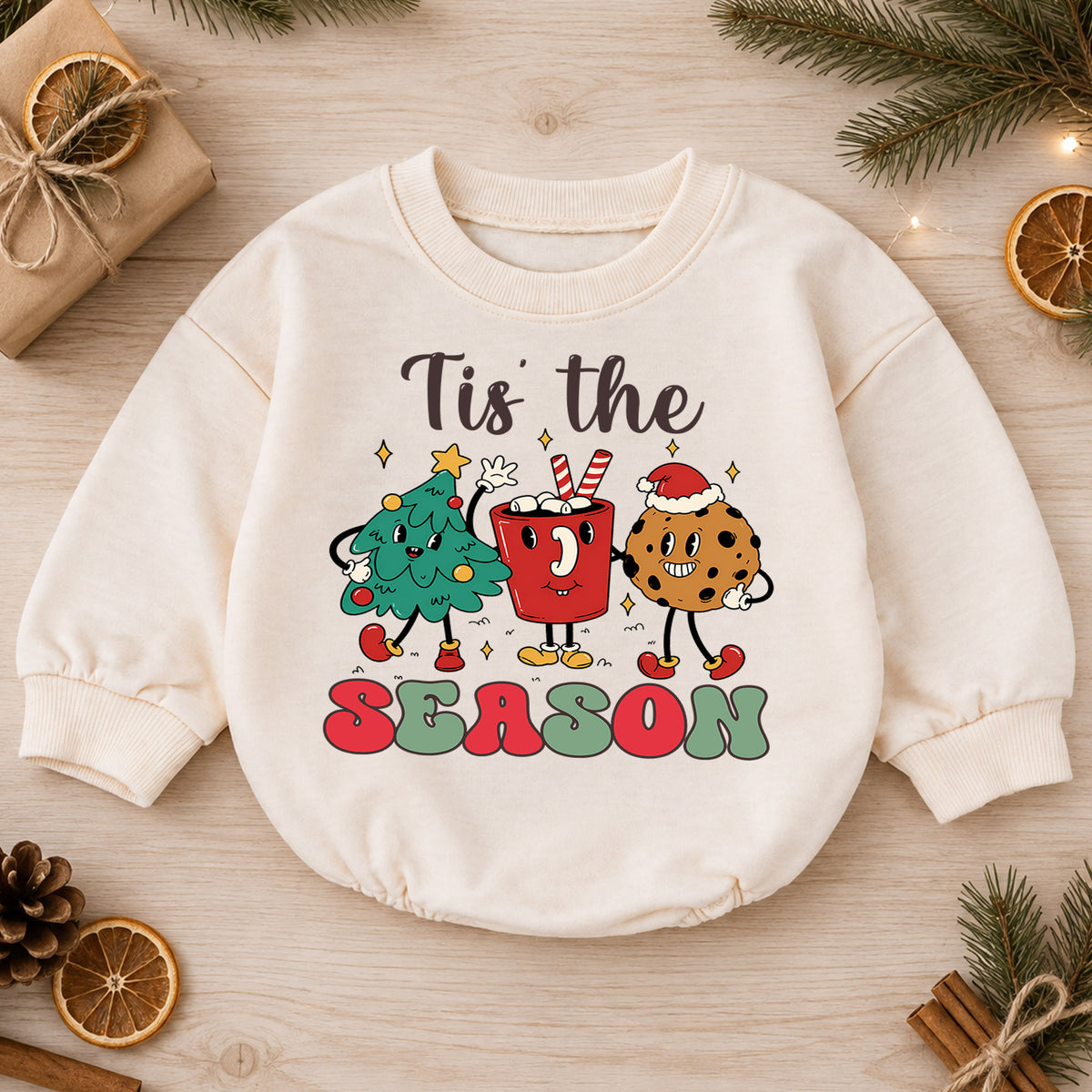 Tis the Season Baby Christmas Romper, Christmas Tree Cocoa Gingerbread Outfit, Cute Holiday Toddler Romper, Festive Xmas Gift — product view 1