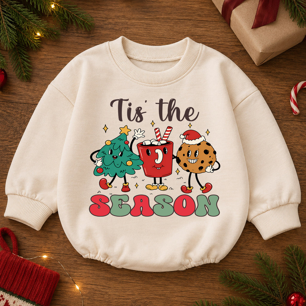 Tis the Season Baby Christmas Romper, Christmas Tree Cocoa Gingerbread Outfit, Cute Holiday Toddler Romper, Festive Xmas Gift — product view 2