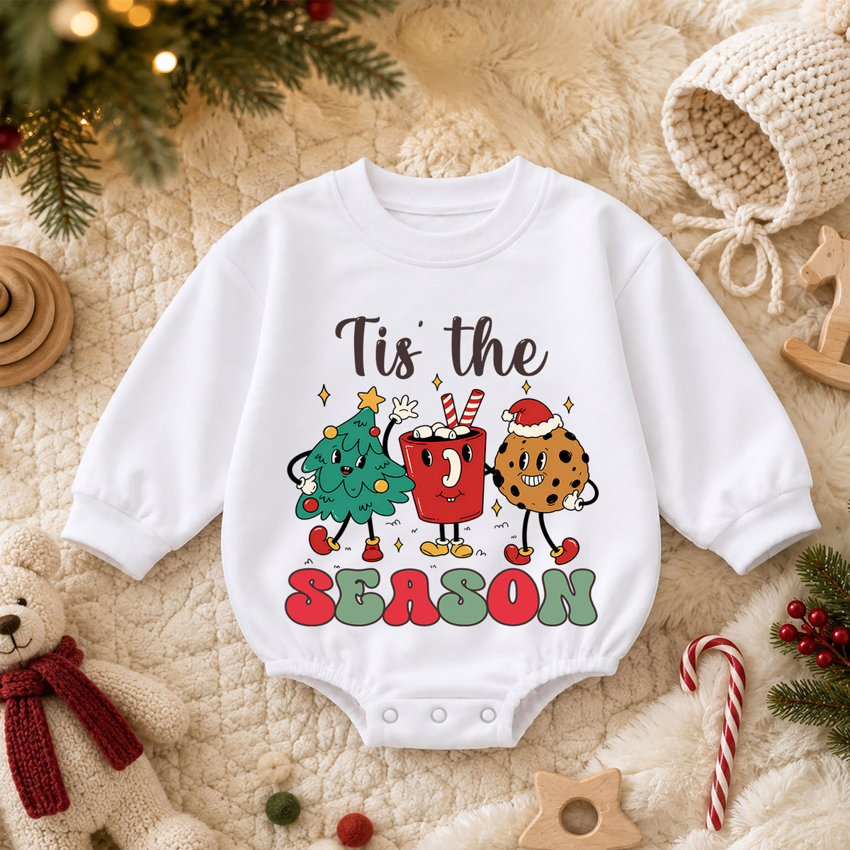 Tis the Season Baby Christmas Romper, Christmas Tree Cocoa Gingerbread Outfit, Cute Holiday Toddler Romper, Festive Xmas Gift — product view 3