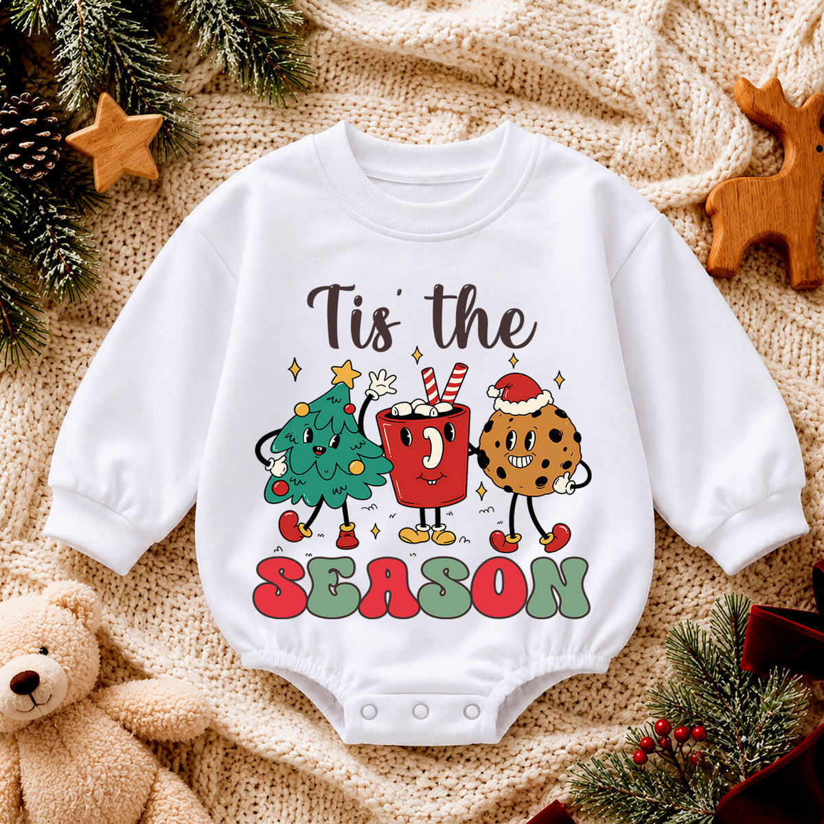 Tis the Season Baby Christmas Romper, Christmas Tree Cocoa Gingerbread Outfit, Cute Holiday Toddler Romper, Festive Xmas Gift — product view 4