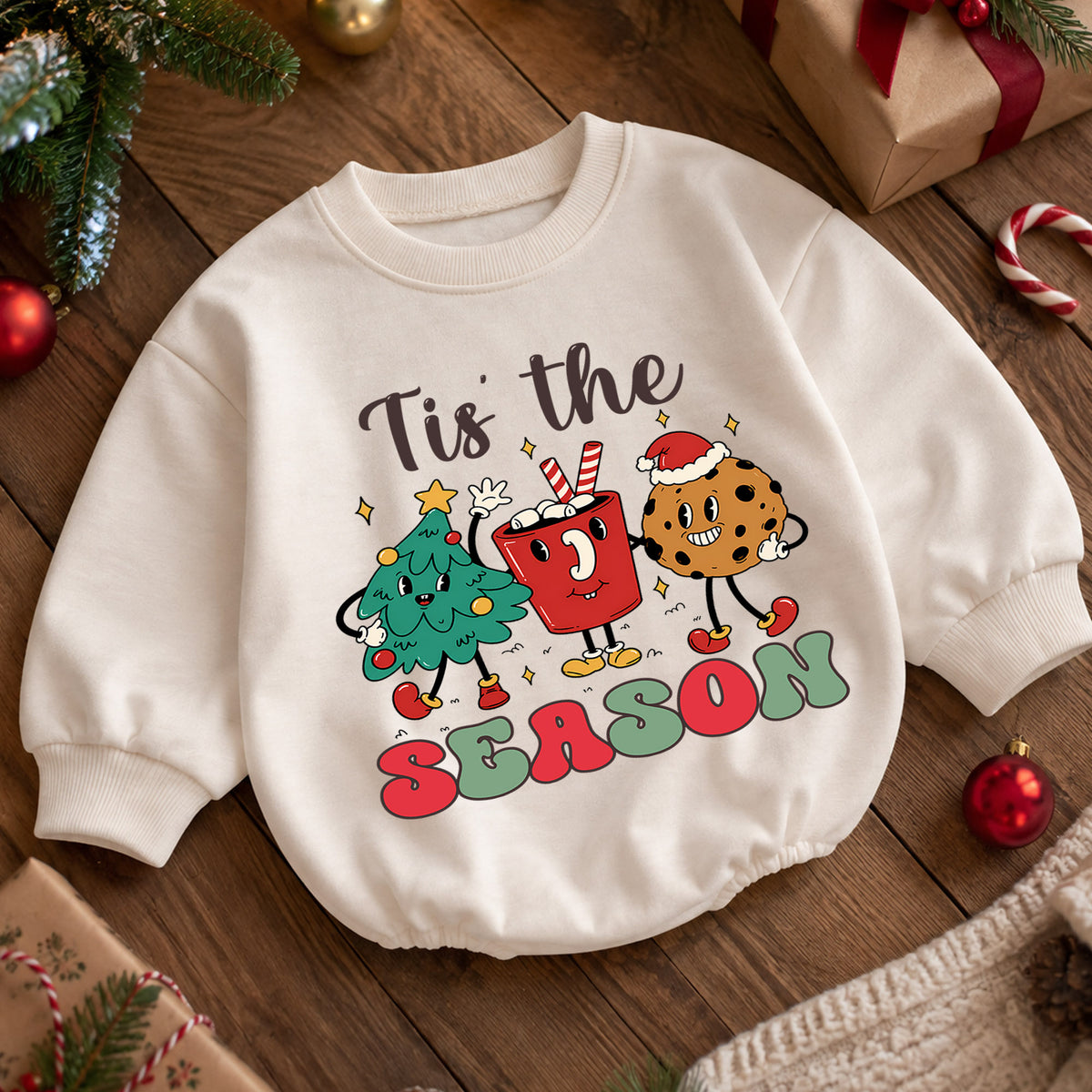 Tis the Season Baby Christmas Romper, Christmas Tree Cocoa Gingerbread Outfit, Cute Holiday Toddler Romper, Festive Xmas Gift — product view 5