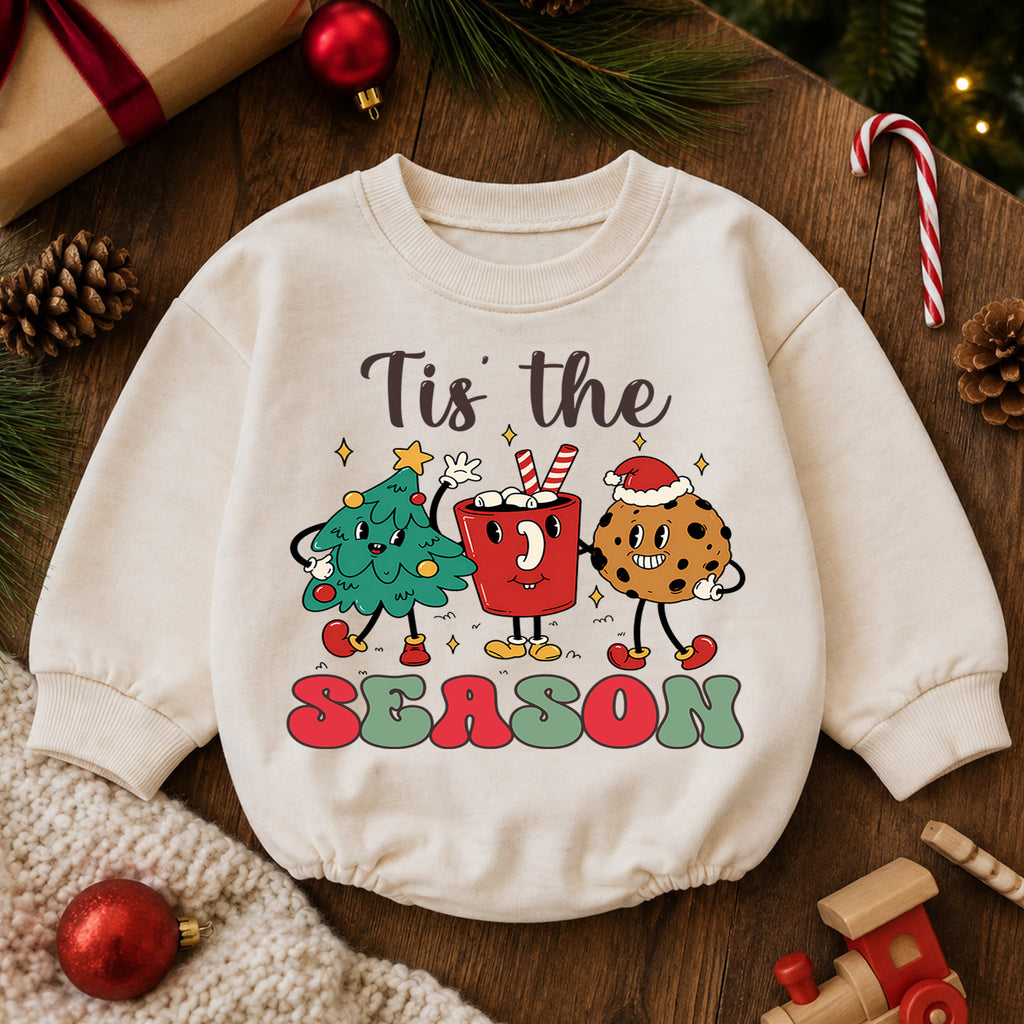 Tis the Season Baby Christmas Romper, Christmas Tree Cocoa Gingerbread Outfit, Cute Holiday Toddler Romper, Festive Xmas Gift — product view 6