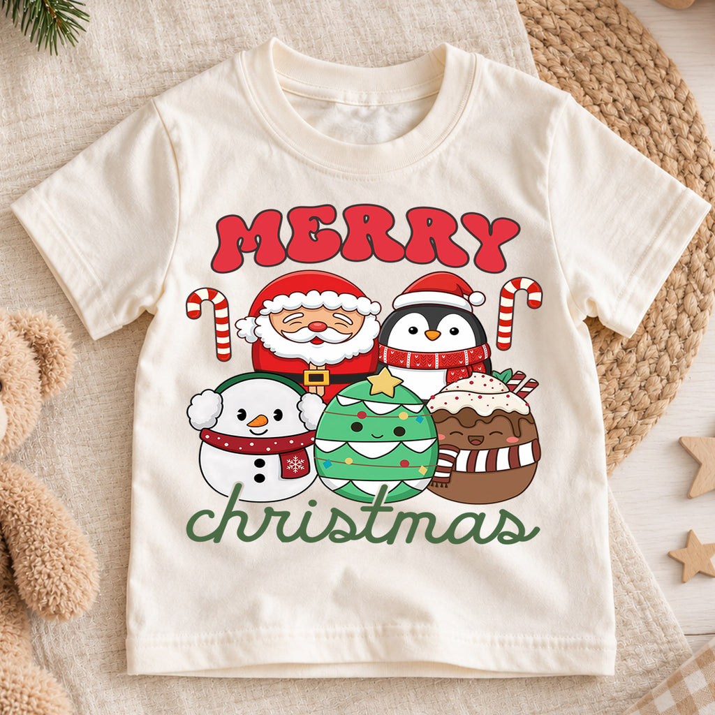 Christmas Kids Shirt, Merry Christmas Santa Penguin Tee, Cute Holiday Snowman Tree Cocoa Outfit, Festive Winter Shirt for Boys Girls — product view 1
