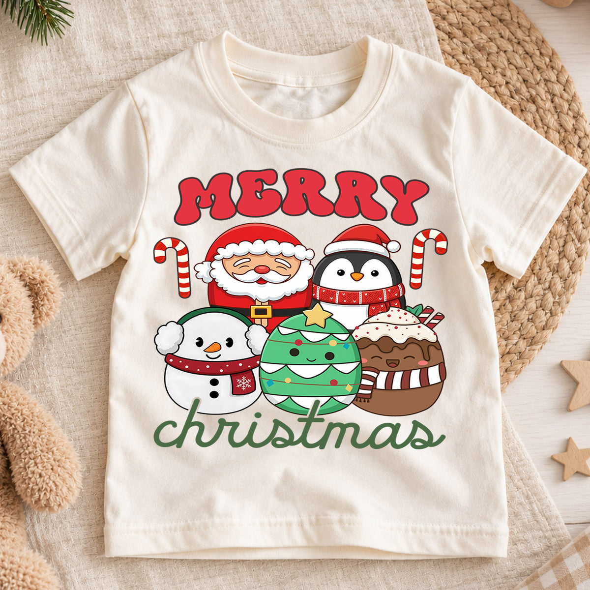 Christmas Kids Shirt, Merry Christmas Santa Penguin Tee, Cute Holiday Snowman Tree Cocoa Outfit, Festive Winter Shirt for Boys Girls — product view 1