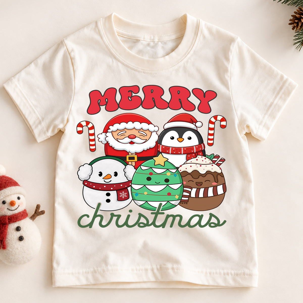 Christmas Kids Shirt, Merry Christmas Santa Penguin Tee, Cute Holiday Snowman Tree Cocoa Outfit, Festive Winter Shirt for Boys Girls — product view 2