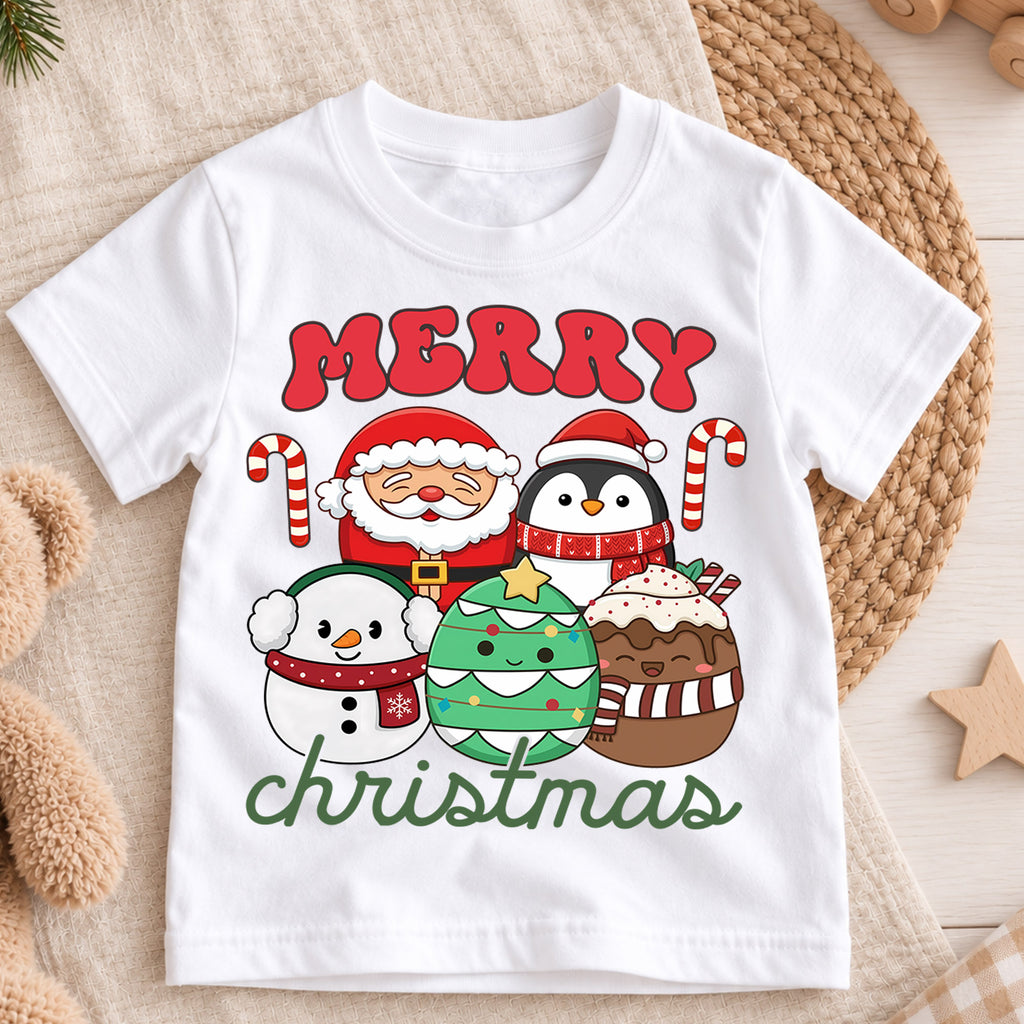 Christmas Kids Shirt, Merry Christmas Santa Penguin Tee, Cute Holiday Snowman Tree Cocoa Outfit, Festive Winter Shirt for Boys Girls — product view 3
