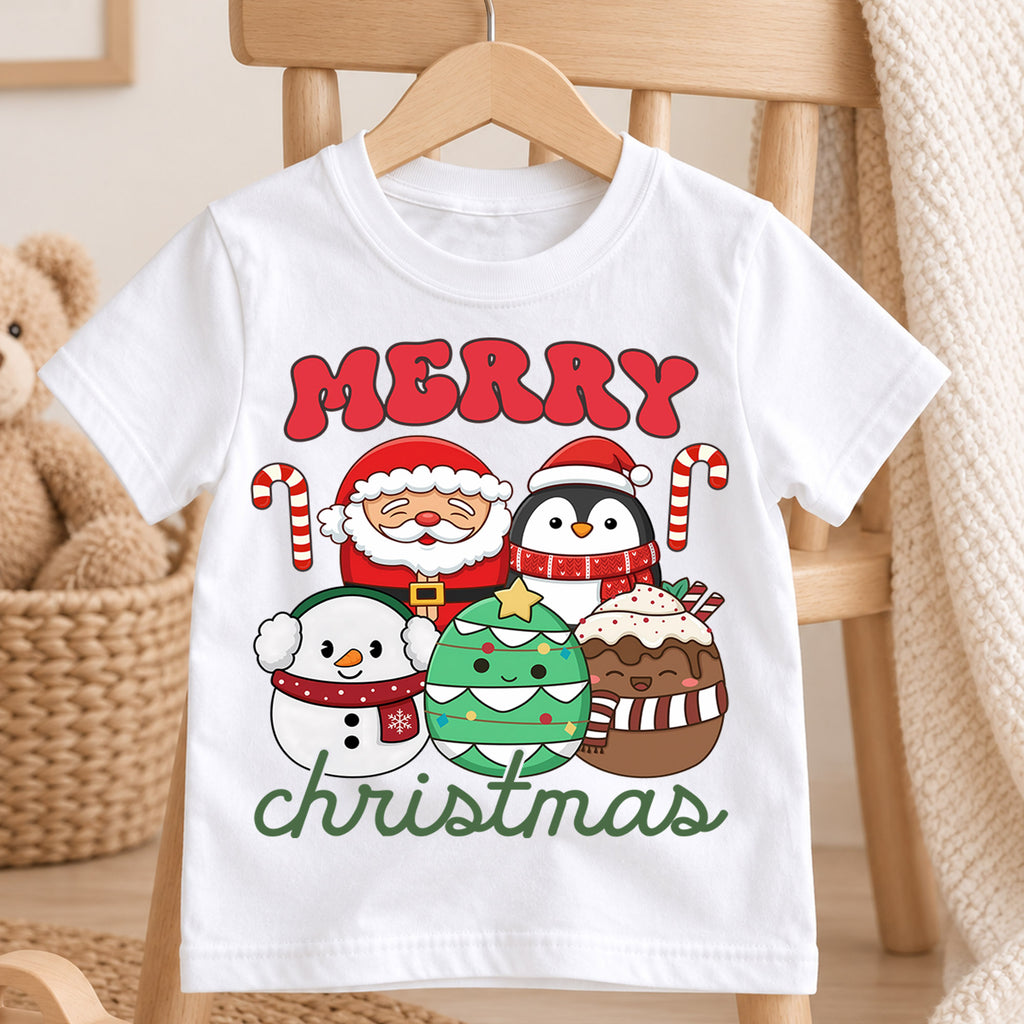 Christmas Kids Shirt, Merry Christmas Santa Penguin Tee, Cute Holiday Snowman Tree Cocoa Outfit, Festive Winter Shirt for Boys Girls — product view 4