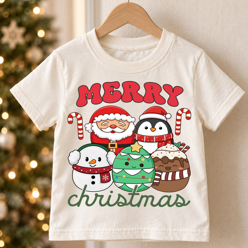 Christmas Kids Shirt, Merry Christmas Santa Penguin Tee, Cute Holiday Snowman Tree Cocoa Outfit, Festive Winter Shirt for Boys Girls — product view 5