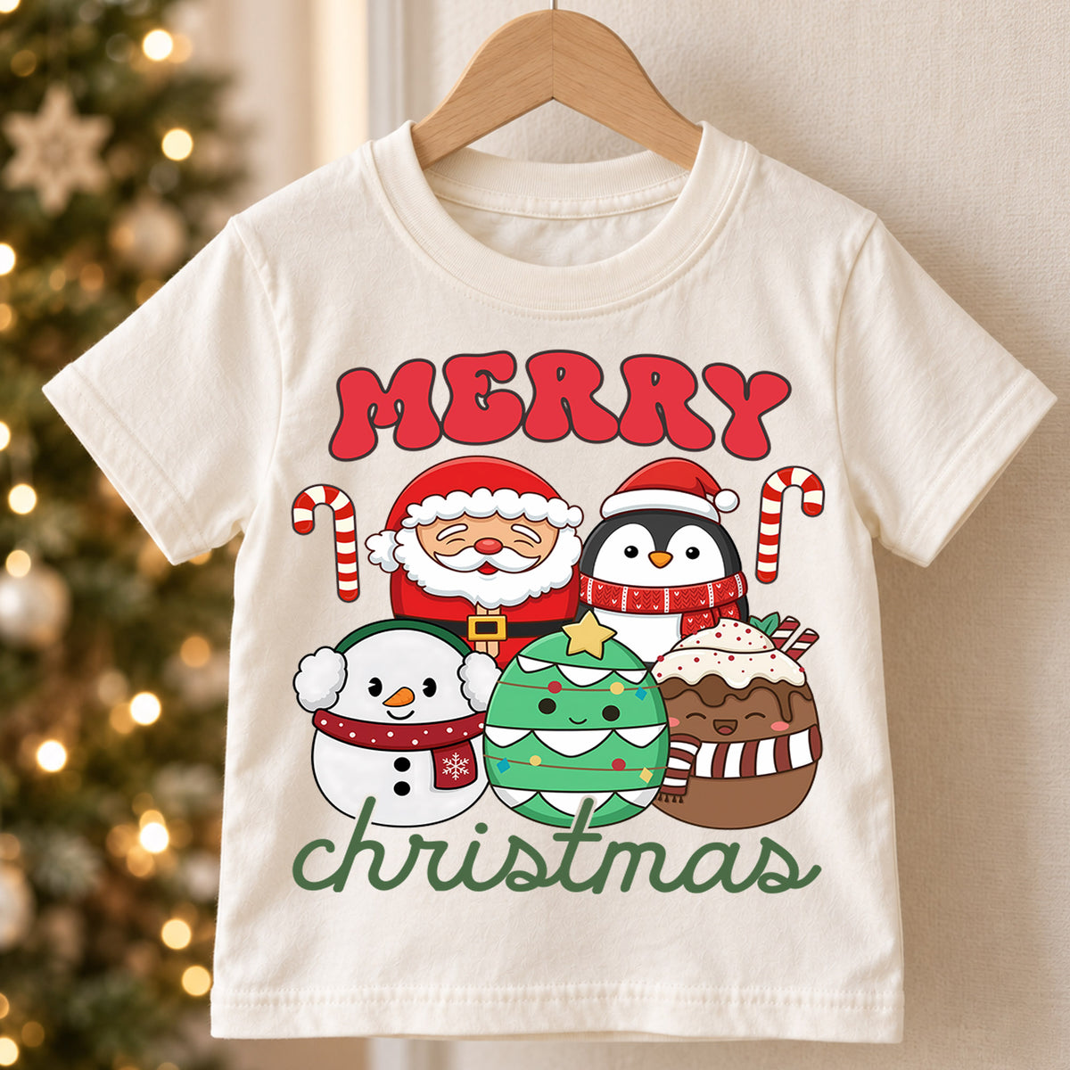 Christmas Kids Shirt, Merry Christmas Santa Penguin Tee, Cute Holiday Snowman Tree Cocoa Outfit, Festive Winter Shirt for Boys Girls — product view 5