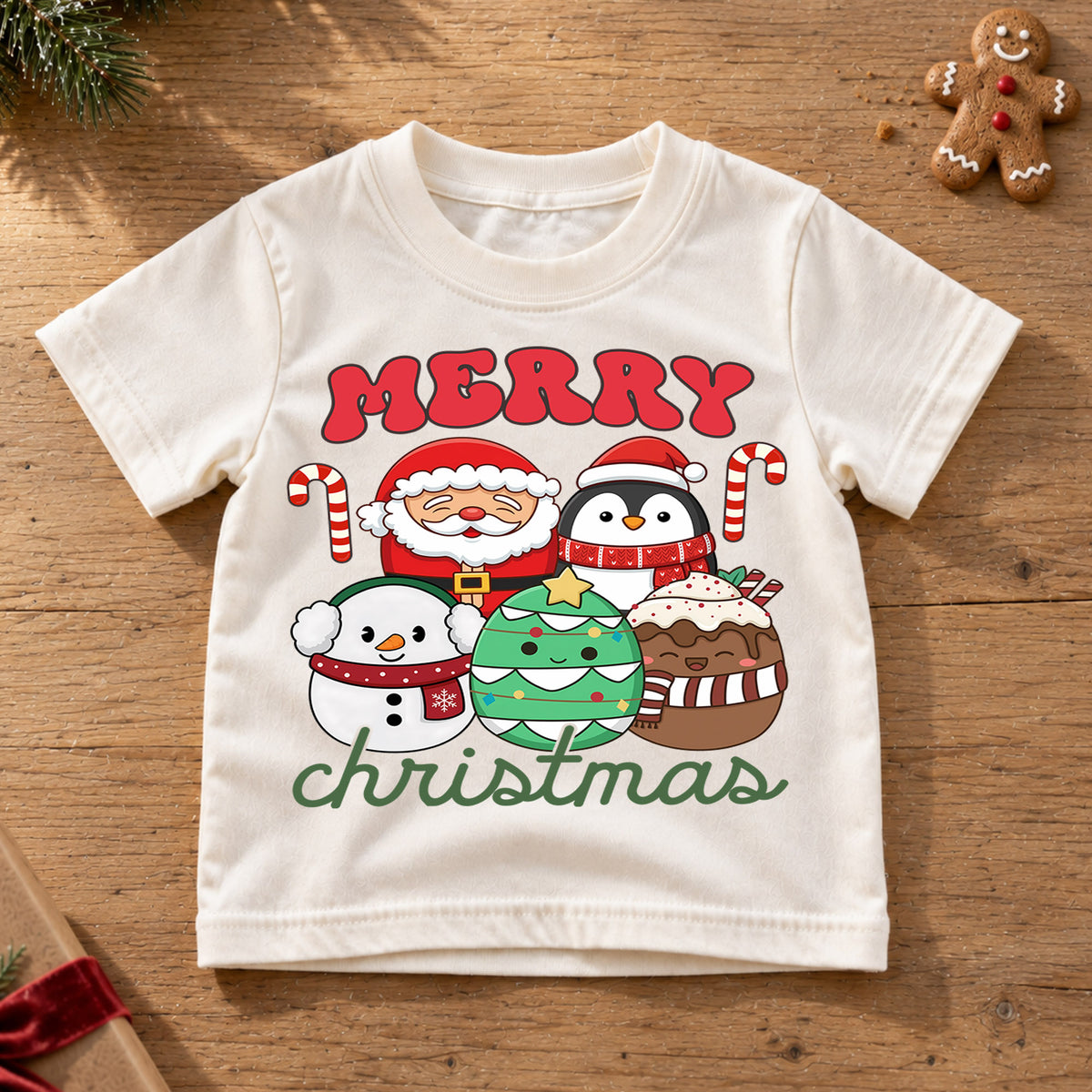 Christmas Kids Shirt, Merry Christmas Santa Penguin Tee, Cute Holiday Snowman Tree Cocoa Outfit, Festive Winter Shirt for Boys Girls — product view 6