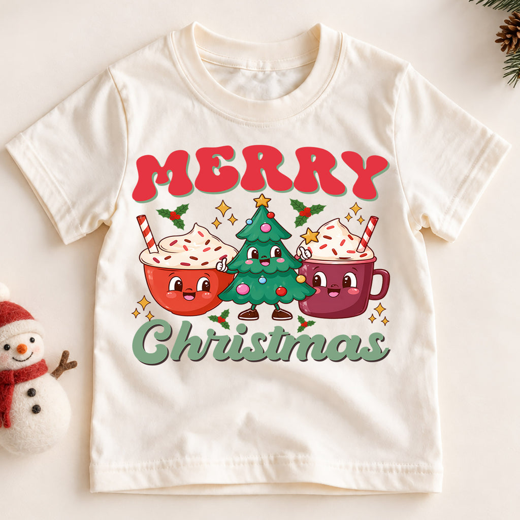 Christmas Kids Shirt, Merry Christmas Cocoa Cup Tee, Cute Christmas Tree Holiday Outfit, Hot Cocoa Lover Shirt for Boys Girls, Winter Tee — product view 2