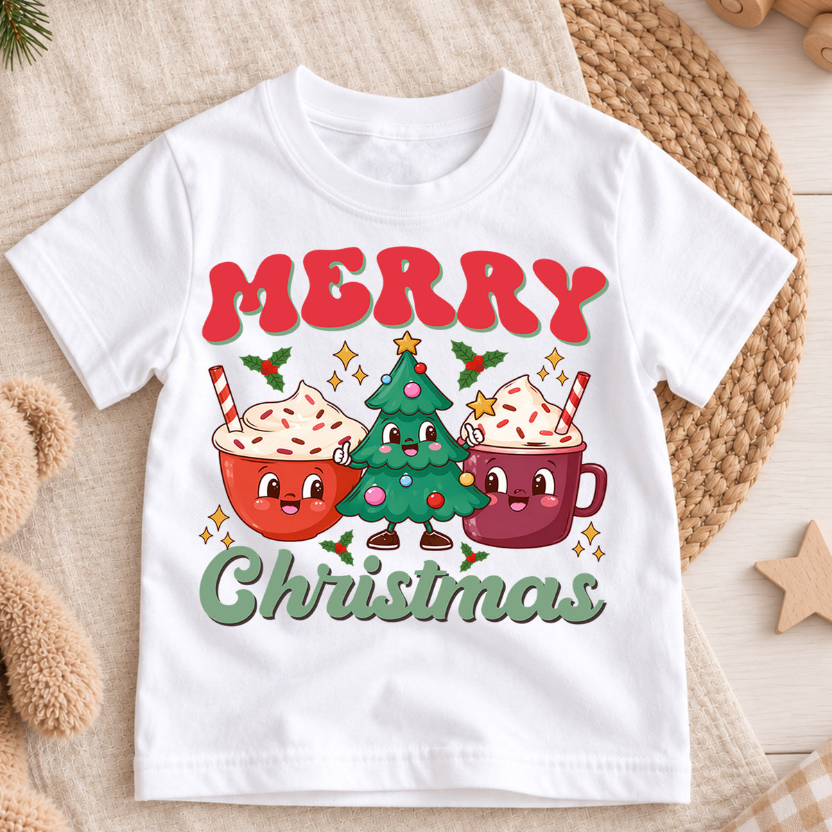 Christmas Kids Shirt, Merry Christmas Cocoa Cup Tee, Cute Christmas Tree Holiday Outfit, Hot Cocoa Lover Shirt for Boys Girls, Winter Tee — product view 3