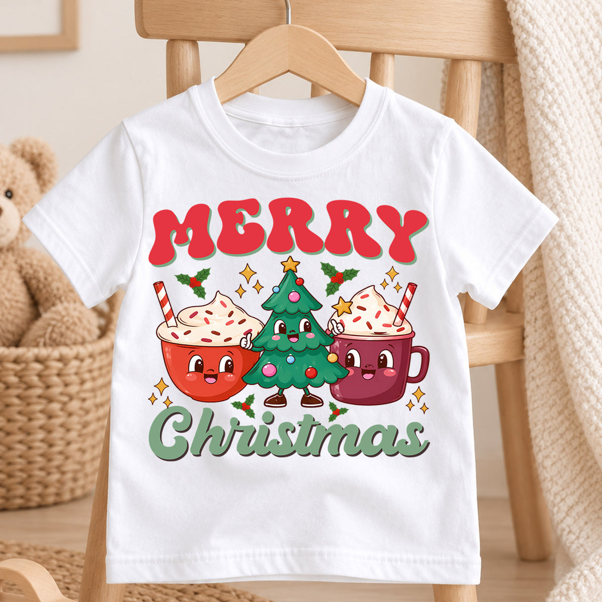 Christmas Kids Shirt, Merry Christmas Cocoa Cup Tee, Cute Christmas Tree Holiday Outfit, Hot Cocoa Lover Shirt for Boys Girls, Winter Tee — product view 4