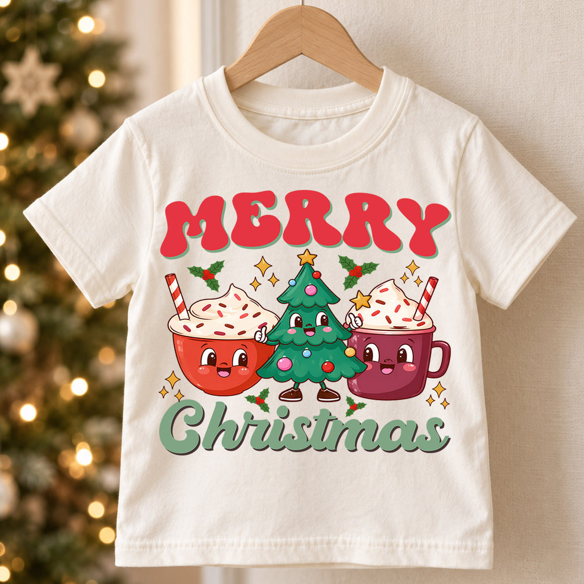Christmas Kids Shirt, Merry Christmas Cocoa Cup Tee, Cute Christmas Tree Holiday Outfit, Hot Cocoa Lover Shirt for Boys Girls, Winter Tee — product view 5
